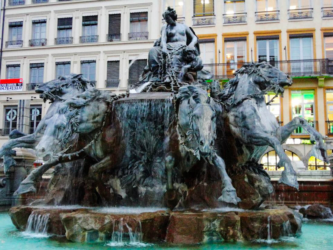 The Bartholdi Fountain in Lyon's Place des Terreaux at Hôtel de Ville.