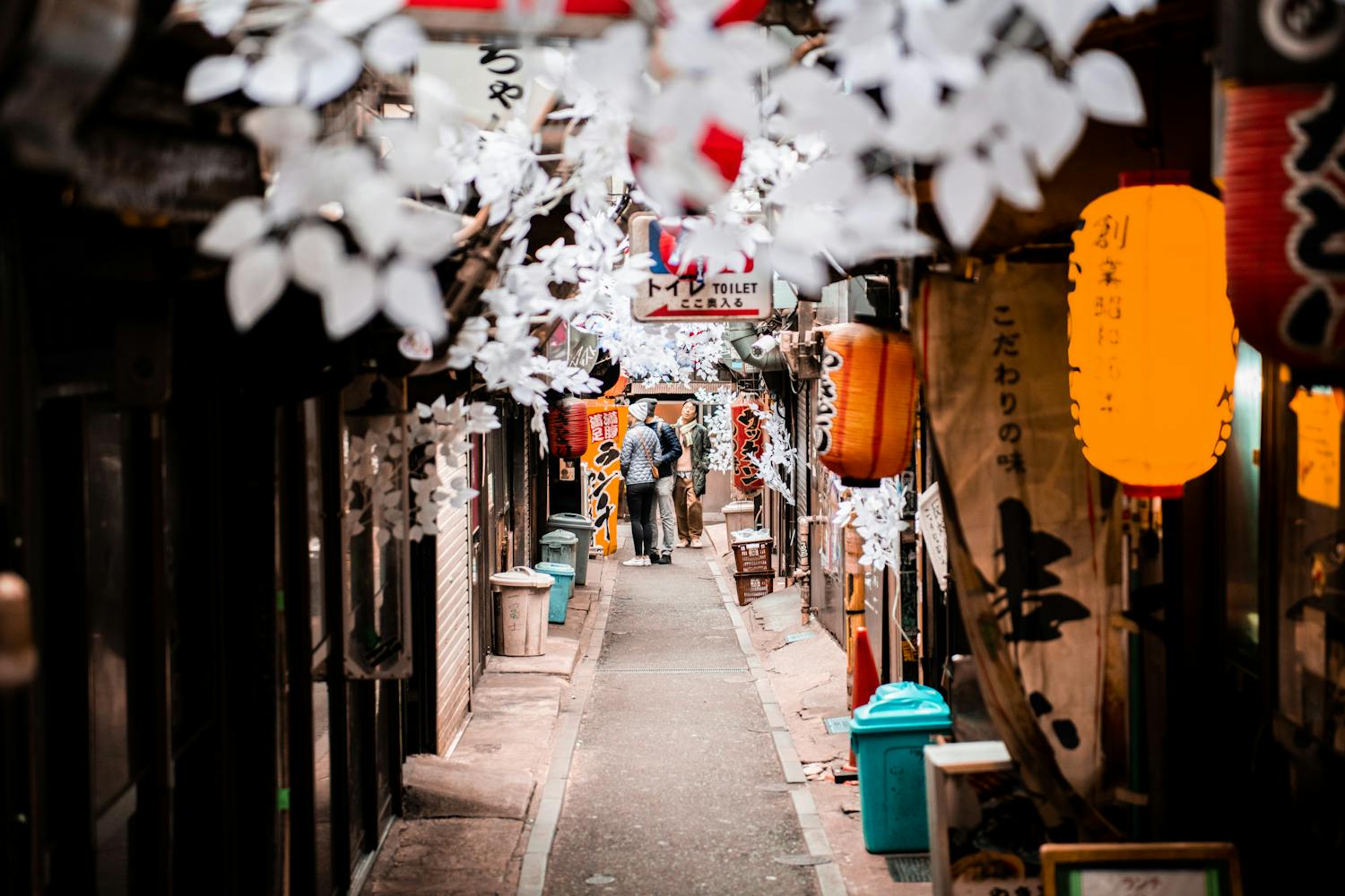 A bustling alley in Shinjuku, adorned with lanterns and shops, capturing the essence of Tokyo street life.